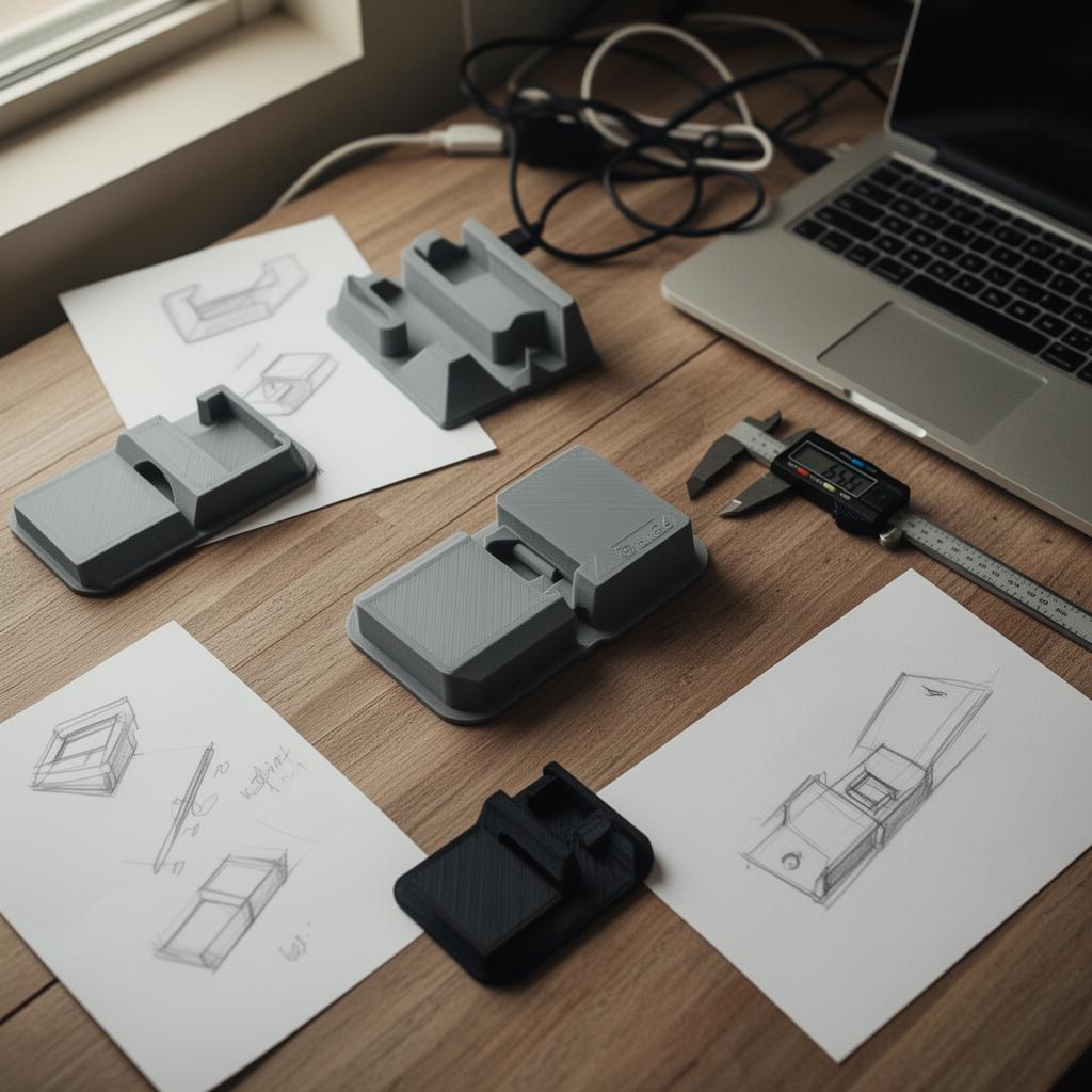 Early SOLODock prototypes, sketches and measuring tools on a desk